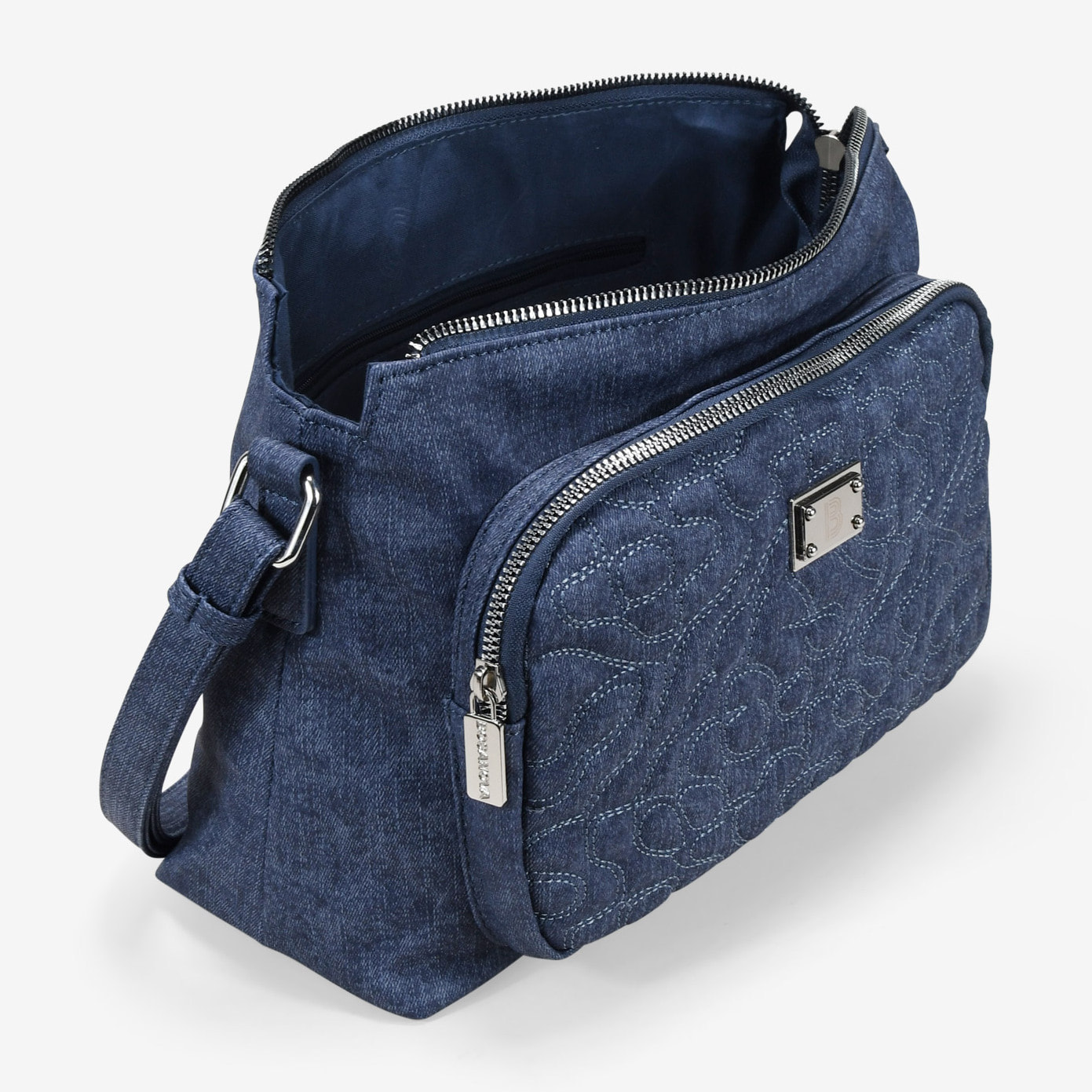 Bolso bandolera azul con cosidos y cremallera