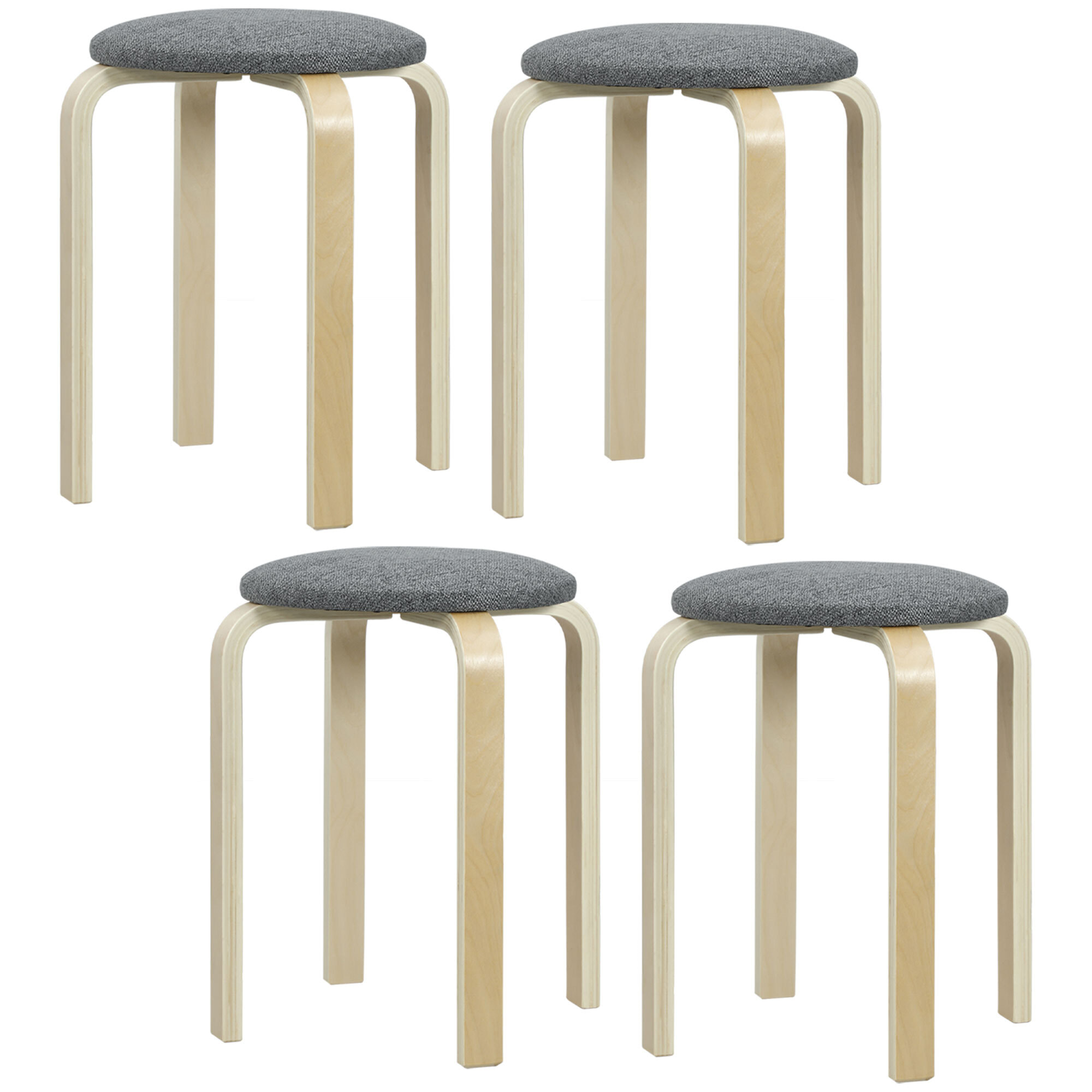 Juego de 4 Taburetes Apilables Redondos Taburetes Bajo de Cocina de Madera con Asiento Acolchado para Comedor Dormitorio Oficina Salón Gris y Natural
