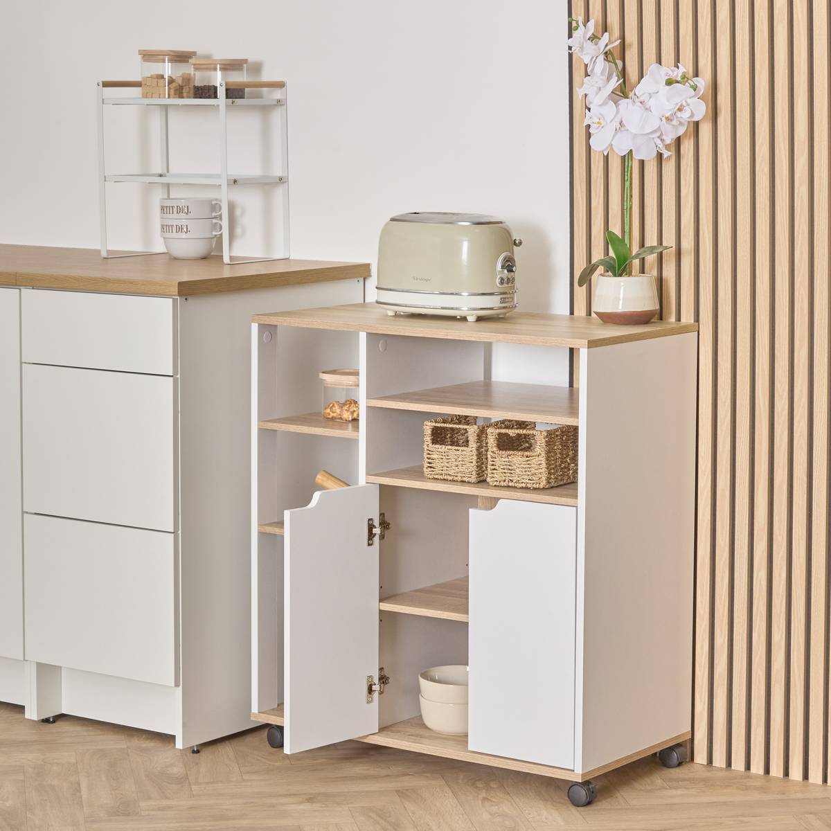 Desserte à roulettes Eat up blanc et bois