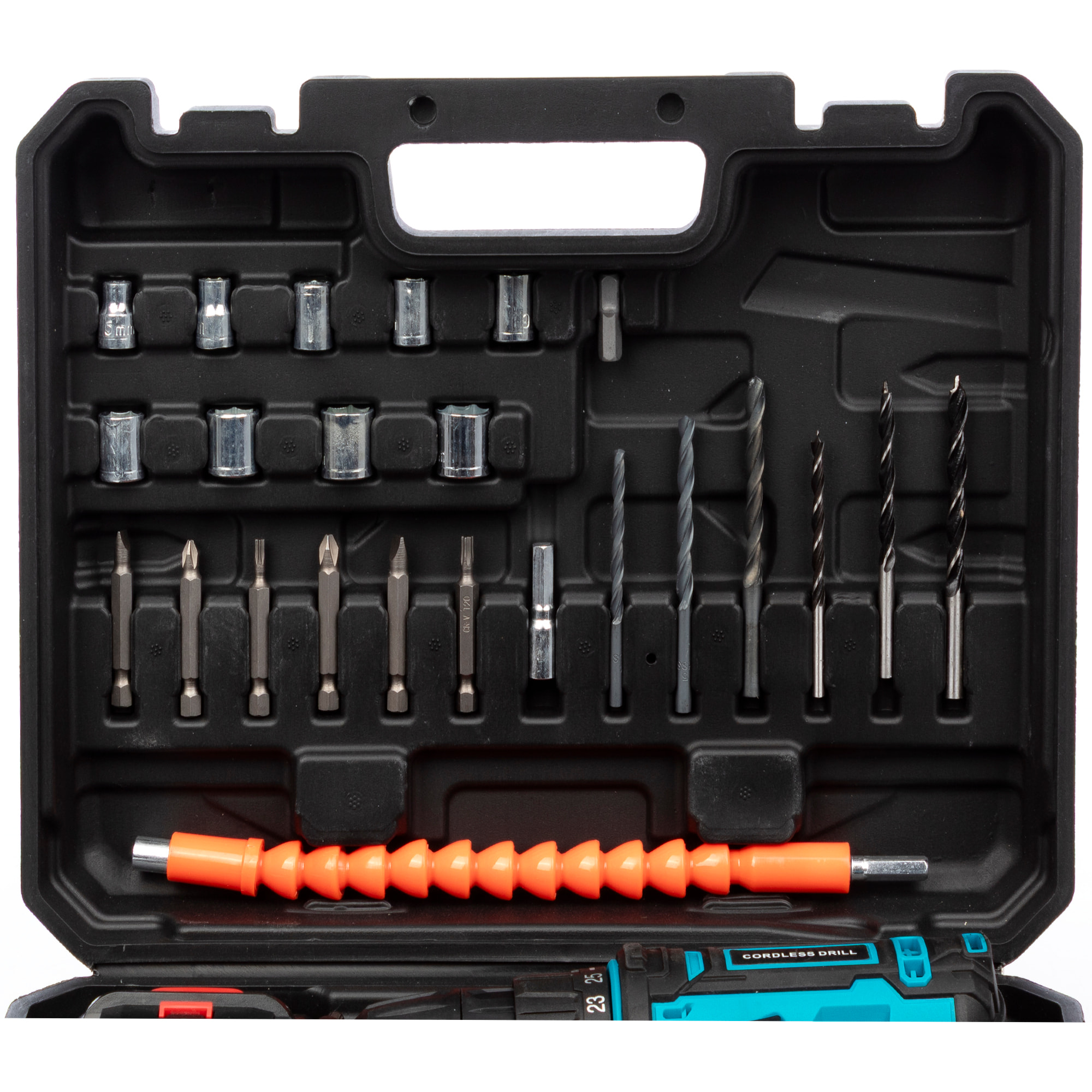 Trapano elettrico senza filo con doppia velocità, 45NM, valigetta di trasporto e 24 accessori. 2 batterie da 6500 mAh.