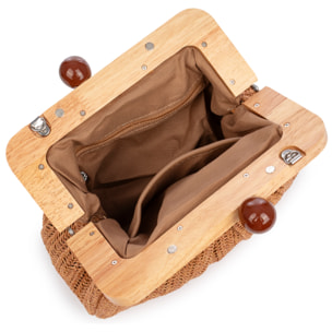 BeneLario Bolso bandolera Mujer. Tela con detalles de madera natural y piel sintética.
