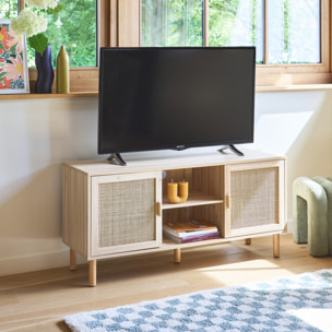 Meuble TV décor bois et cannage 2 portes 120cm CAMARGUE