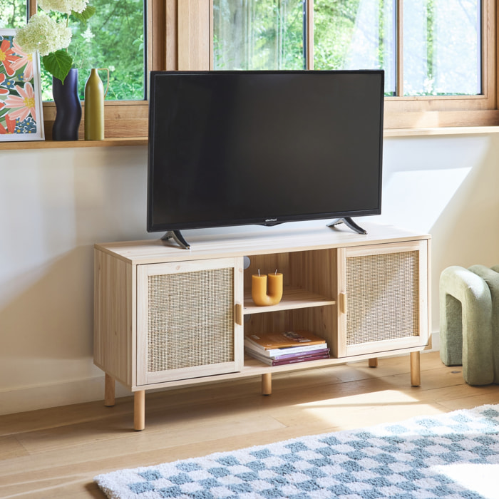 Meuble TV décor bois et cannage 2 portes 120cm CAMARGUE