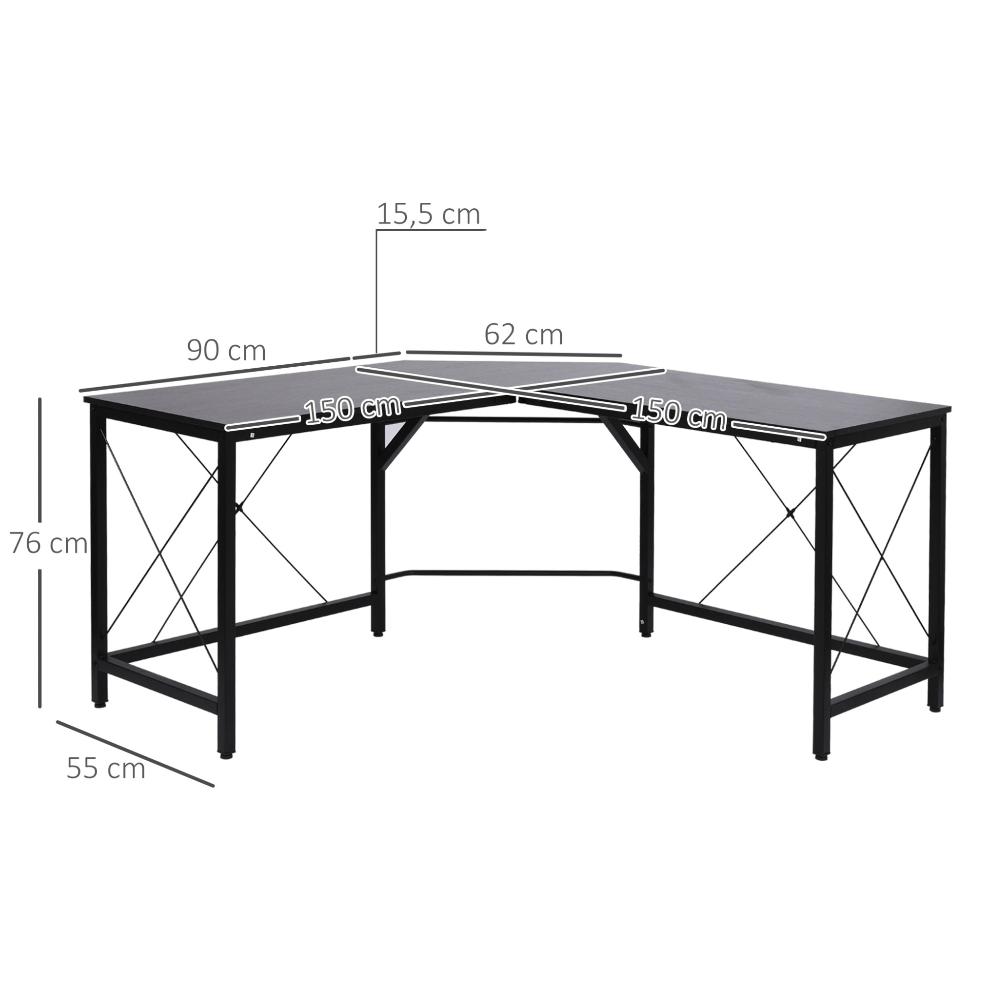 Mesa de Ordenador PC Esquinera de Forma L 150x150x76cm Negro