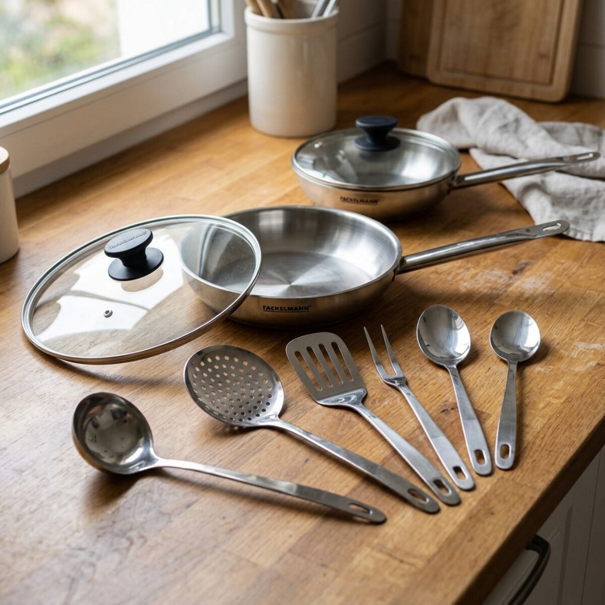 Set de 2 poêles en inox, 2 couvercles verre et 6 ustensiles inox Fackelmann Eterna