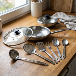 Set de 2 poêles en inox, 2 couvercles verre et 6 ustensiles inox Fackelmann Eterna