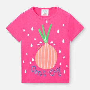 Camiseta bÃ¡sica niÃ±a, algodÃ³n, estampado, rosa, mangas