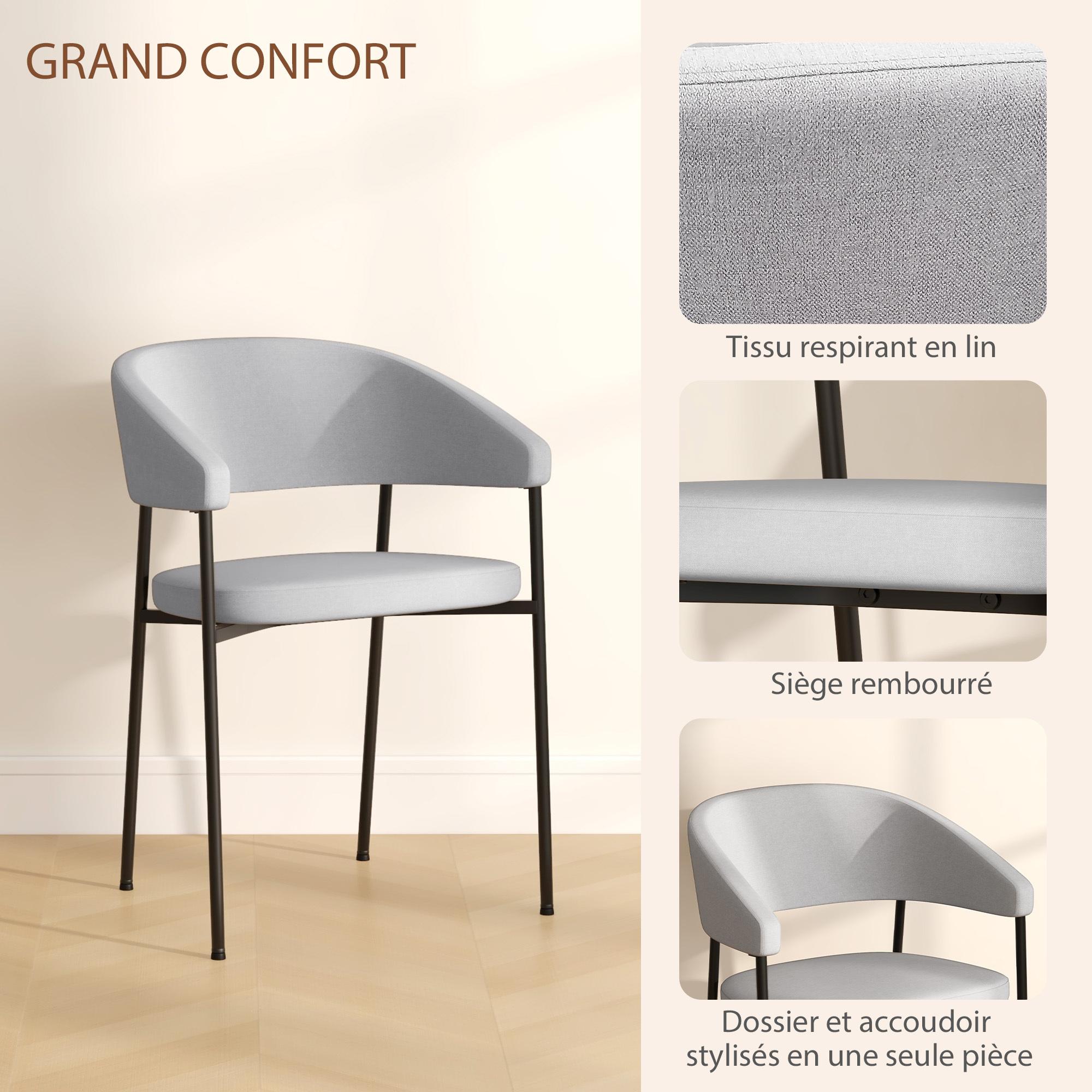 Lot de 2 chaises de salle à manger piètement acier tissu aspect lin gris clair