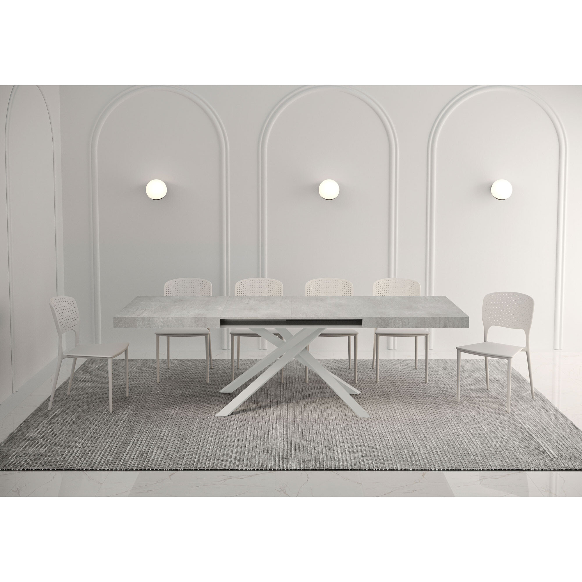 Table extensible 90x140/400 cm Karida gris béton pieds blanc