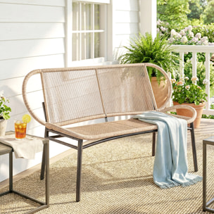 Banc de jardin 2 places design résine filaire effet rotin naturel métal noir