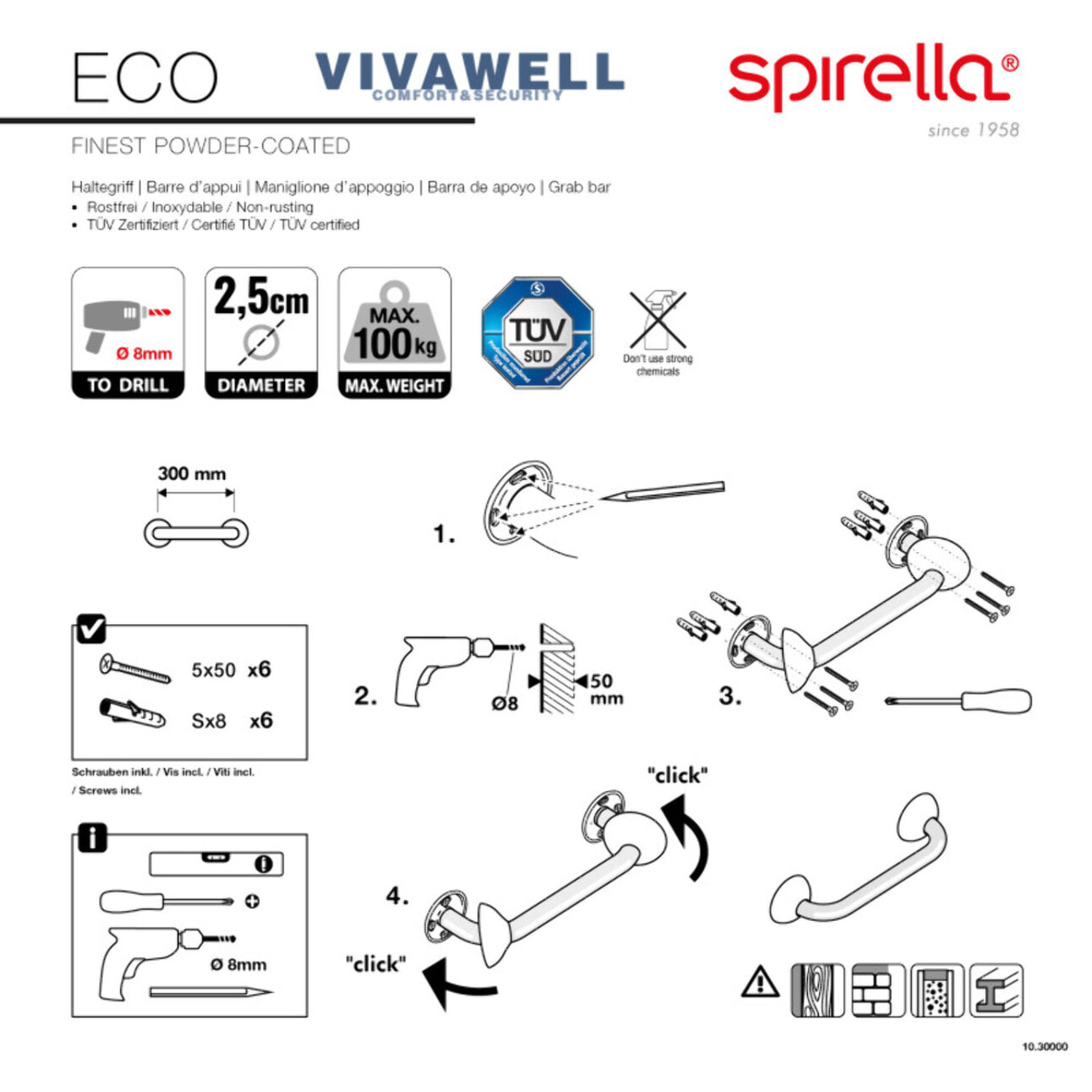Barre de redressement ou d'appui ECO Acier Inox 30cm Blanc Spirella