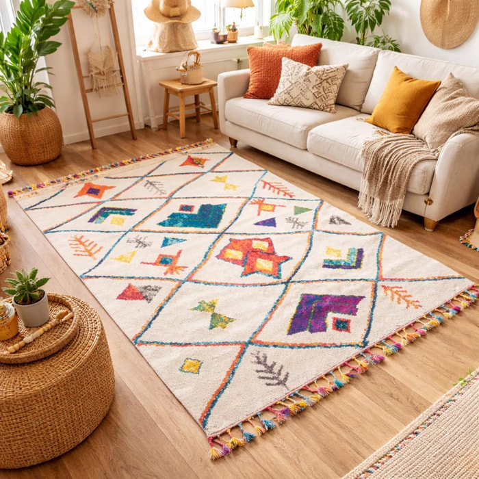 Tapis Mevo crème et multicolore motif traditionnel berbère