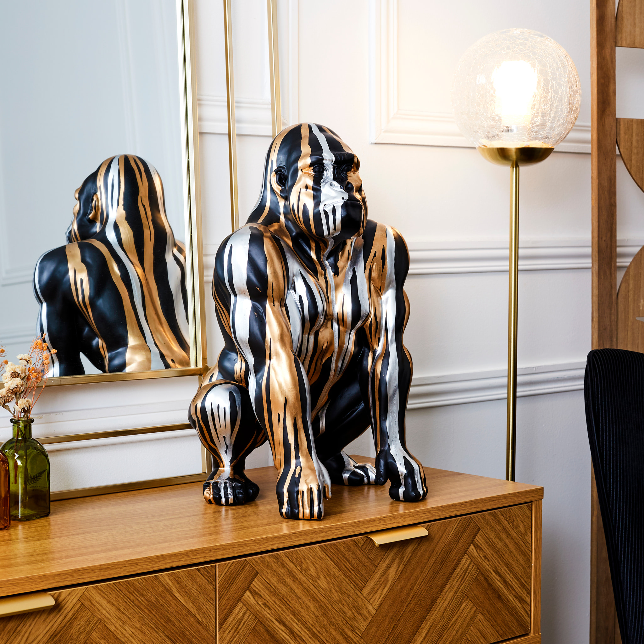 Statuette Gorille Noir Coulure Dore Argente H45cm