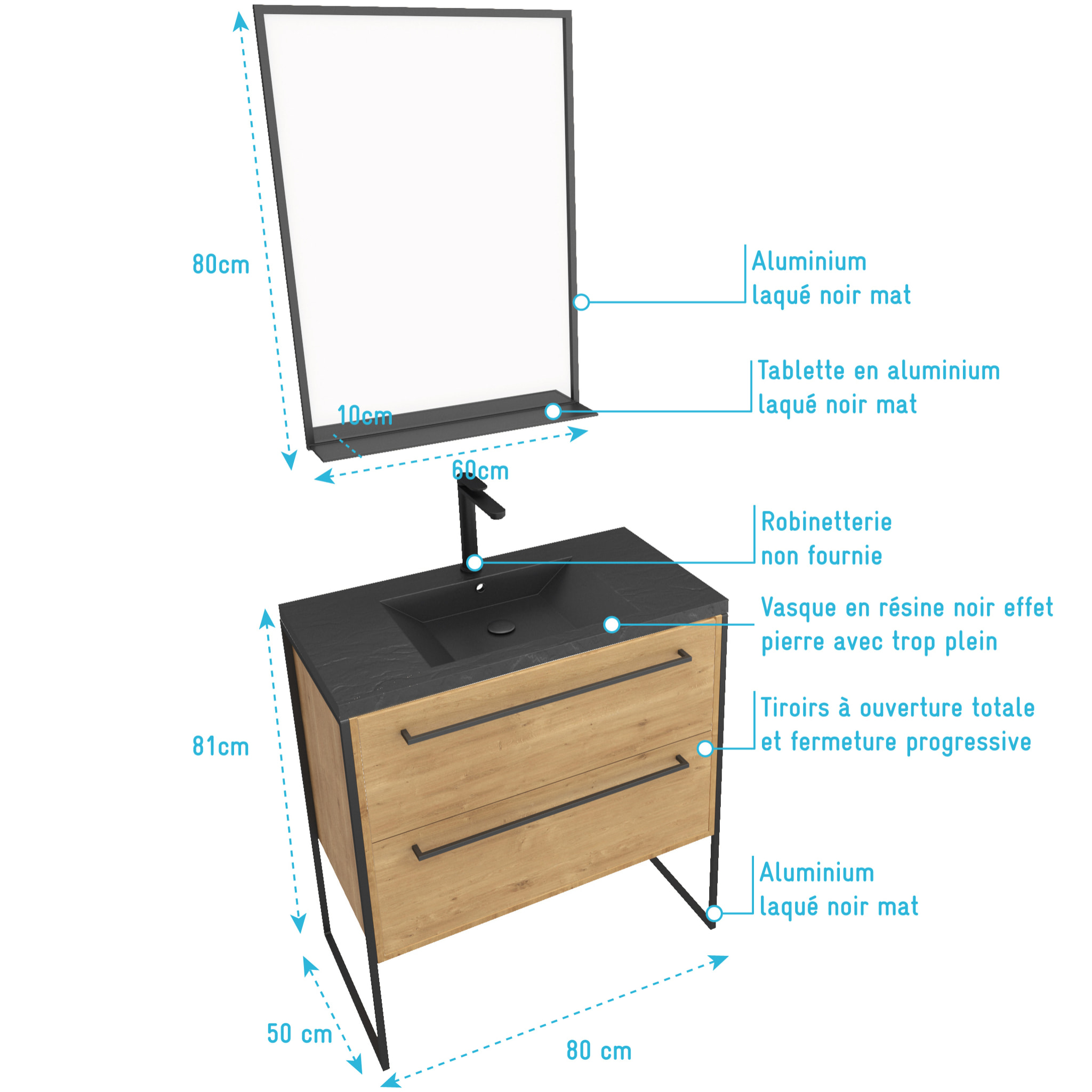 Meuble de salle de bain 80x50cm - tiroirs chêne brun - vasque résine noire effet pierre - miroir