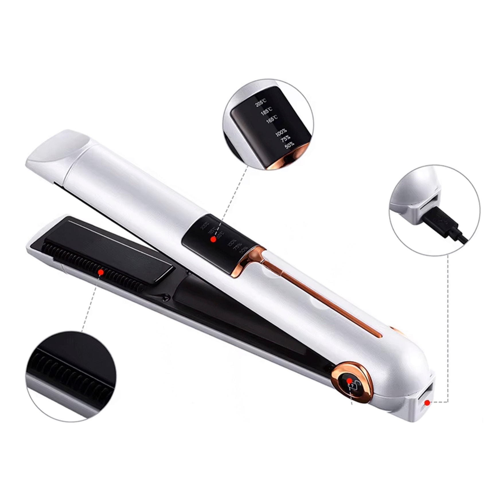 Plancha de pelo inalámbrica 2 en 1, rizado y alisado. Con 3 niveles de potencia y pantalla LED con indicador de carga.