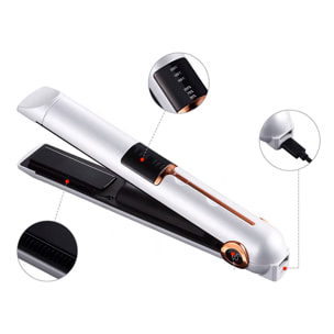 Plancha de pelo inalámbrica 2 en 1, rizado y alisado. Con 3 niveles de potencia y pantalla LED con indicador de carga.