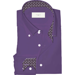 Camicia Uomo 2 Bottoni Button Down Slim Popeline Stretch Unito Viola