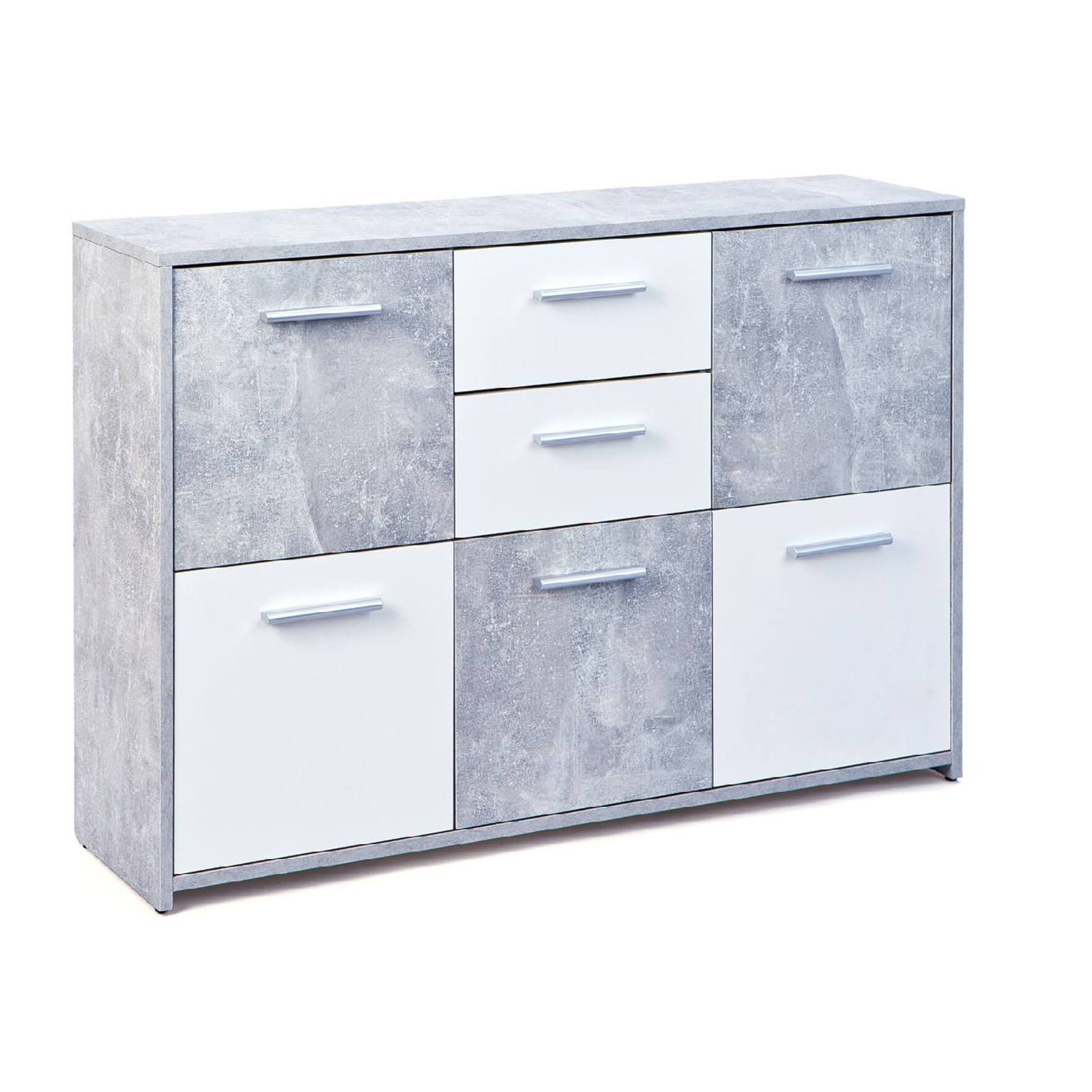 Credenza a cinque ante e due cassetti nella parte centrale, colore bianco e cemento, Misure 115 x 77 x 30 cm