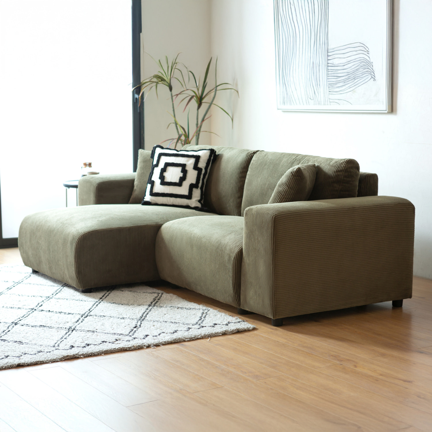 JAMBI Canapé d'angle réversible 3 places en velours côtelé vert