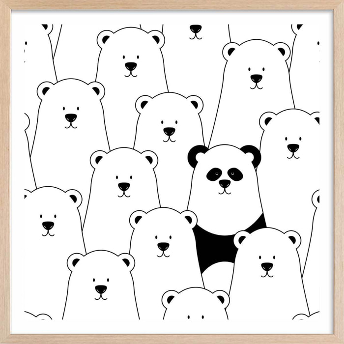 Affiche enfant ours blanc et panda noir Affiche + cadre en bois - Chêne