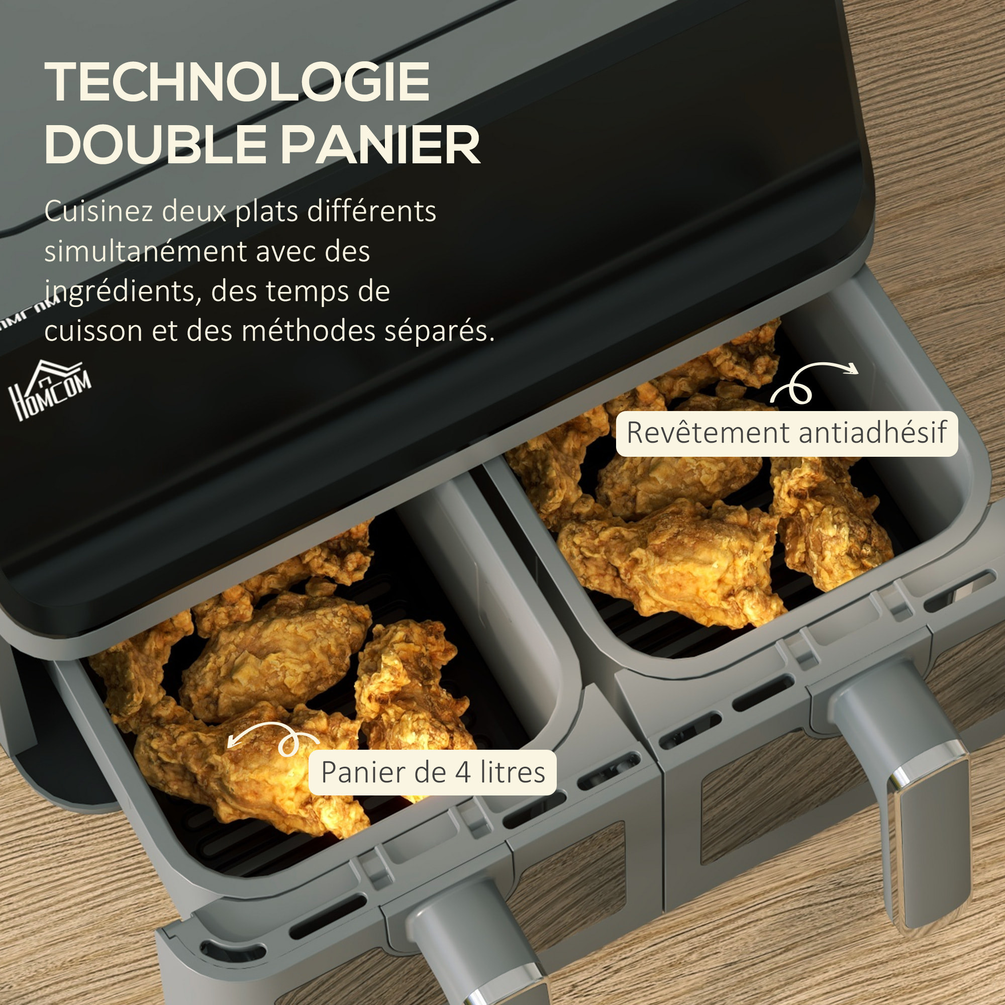 Friteuse à air 2 paniers 2500W 8L - air fryer multifonction 8 programmes - température réglable - timer 60 min. - noir