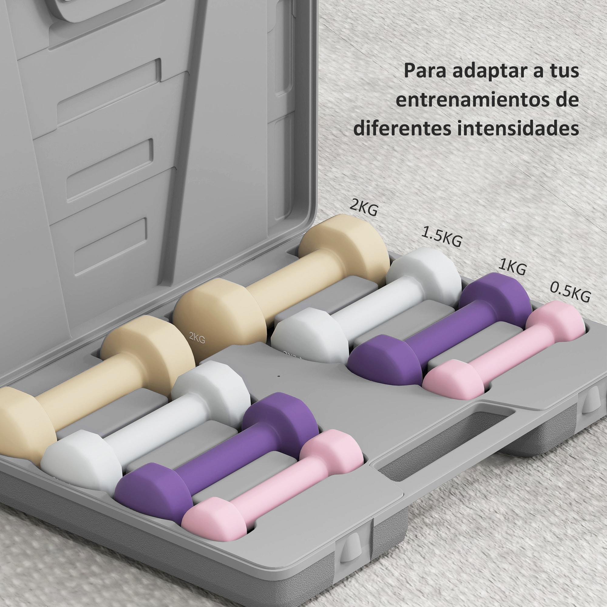 Juego de Mancuernas de 8 Piezas, Total 10 kg, 2x0,5 kg, 2x1 kg, 2x1,5 kg, 2x2 kg, Mancuernas Poligonales Antideslizantes y Estuche de Transporte para Ejercicio en Casa, Gimnasio, Multicolor