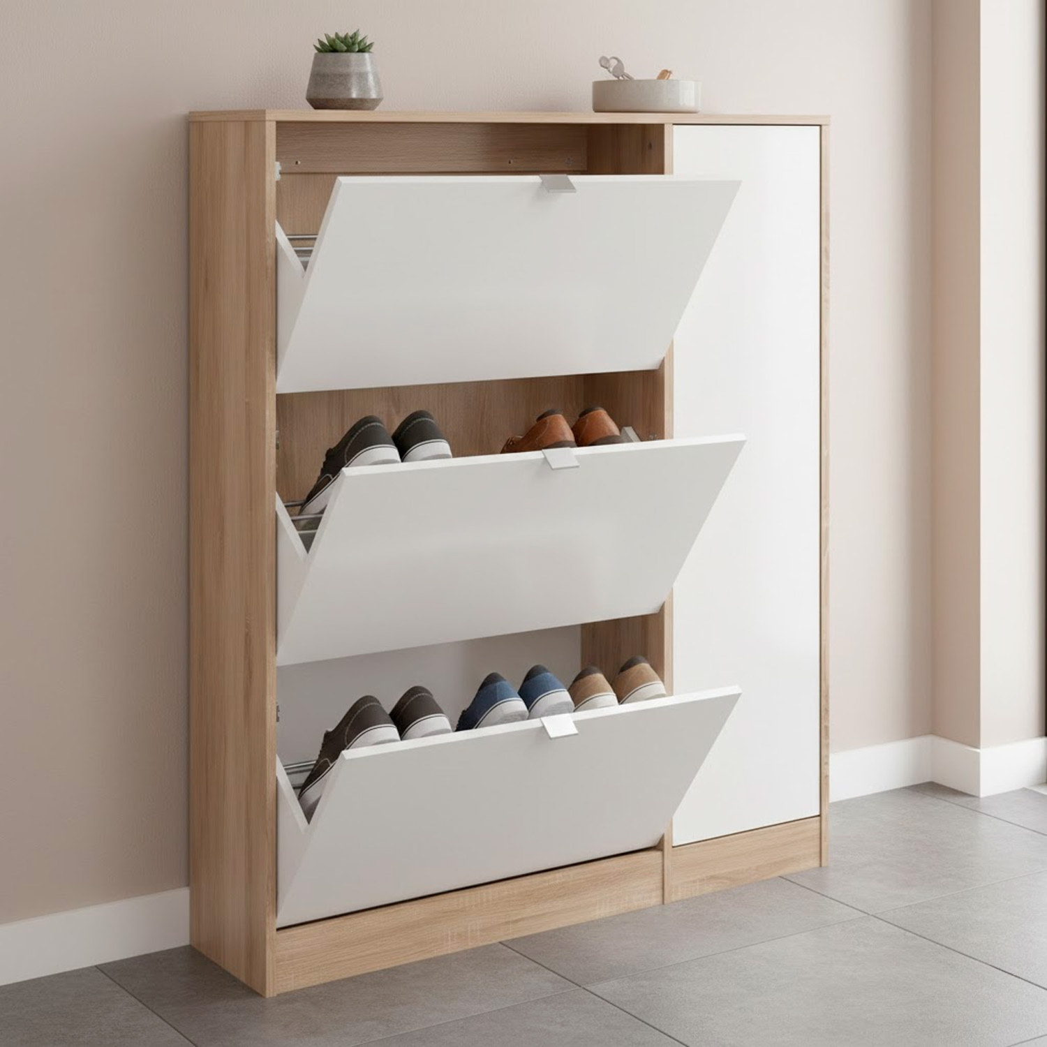 Scarpiera Salvaspazio Con 3 Ante A Ribalta Mobile Laterale Fino A 18 Paia Design Moderno Ingresso Corridoio 98.8x24.05x123.6 Cm Rovere e Bianco Lucido
