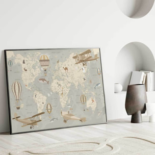 Affiche encadrée carte du monde animaux beige Affiche + cadre en métal - Noir