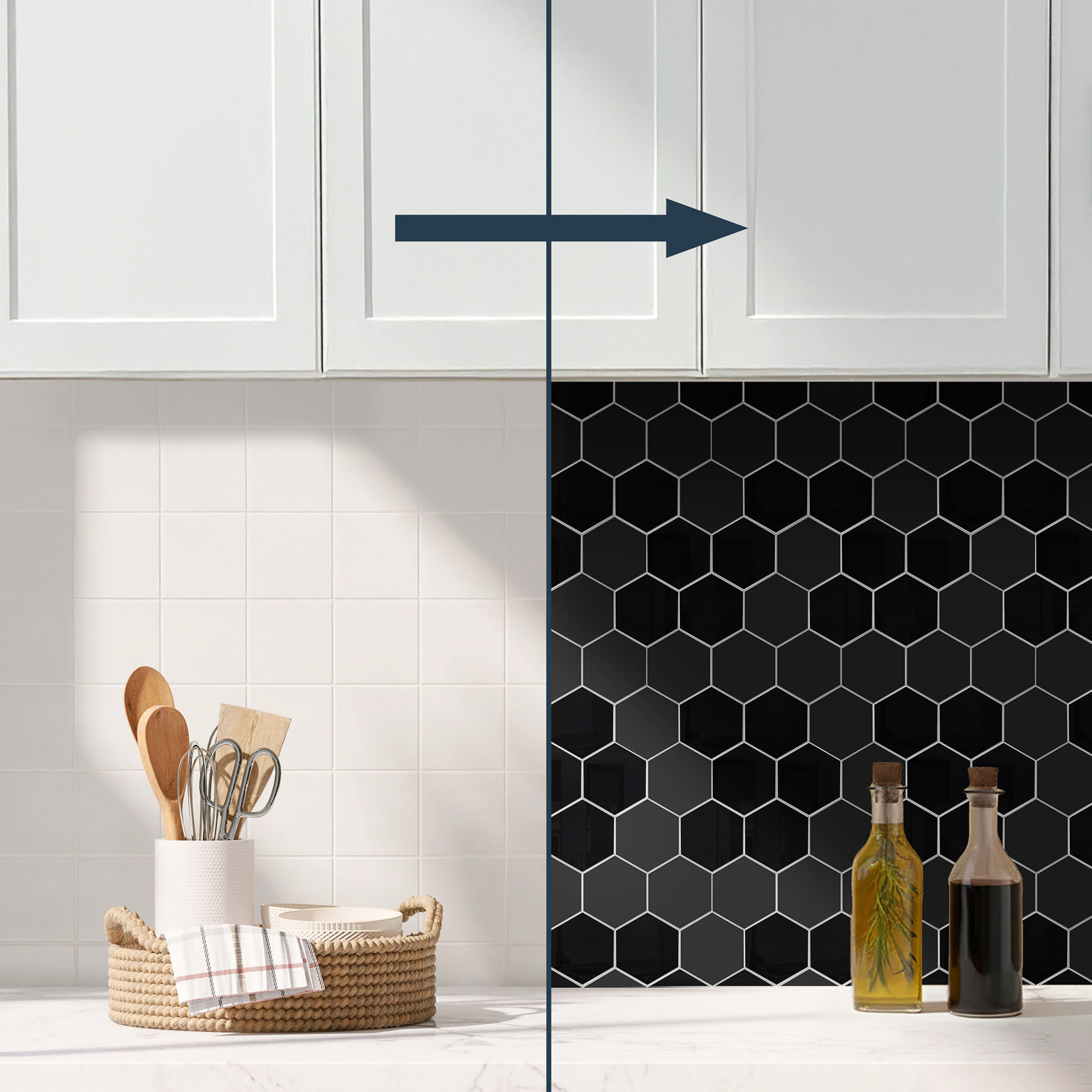 Crédence adhésive murale 3D  - Effet carrelage hexagonal 4 pièces - Noir