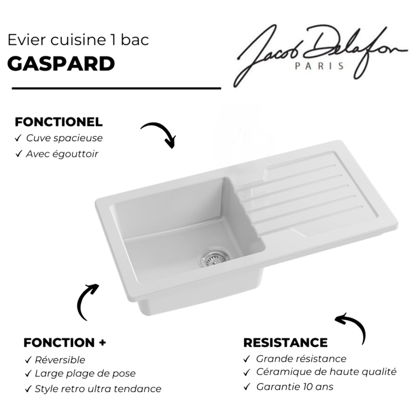 Evier à encastrer 1 bac Gaspard + robinet cuisine Fairfax