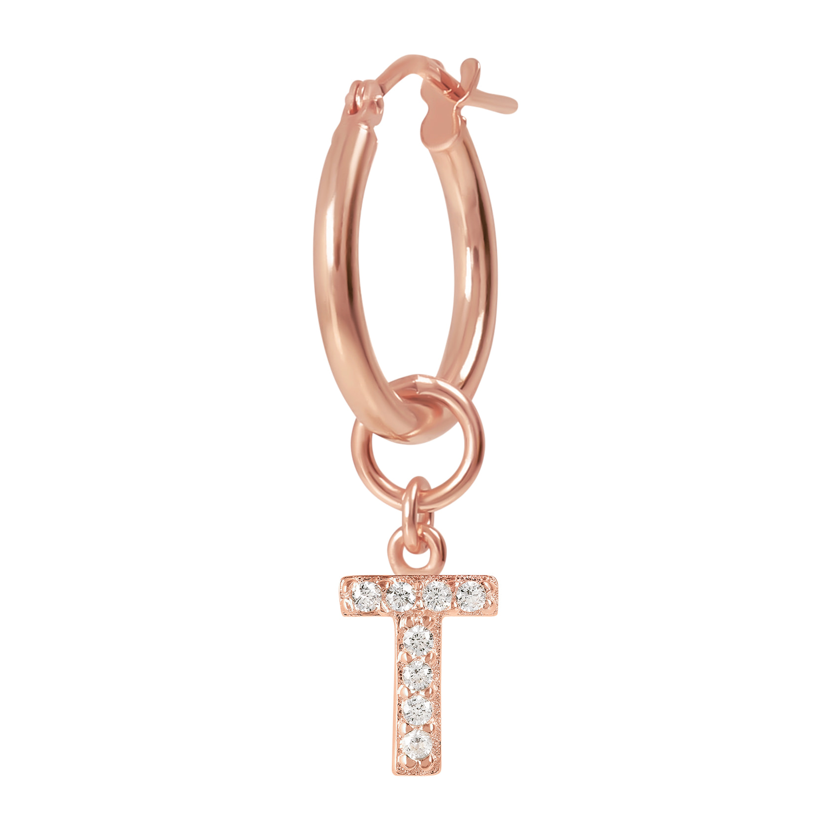 Orecchino a Cerchio con Ciondolo Lettera T in Pavé di Cubic Zirconia Bianche