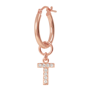 Orecchino a Cerchio con Ciondolo Lettera T in Pavé di Cubic Zirconia Bianche