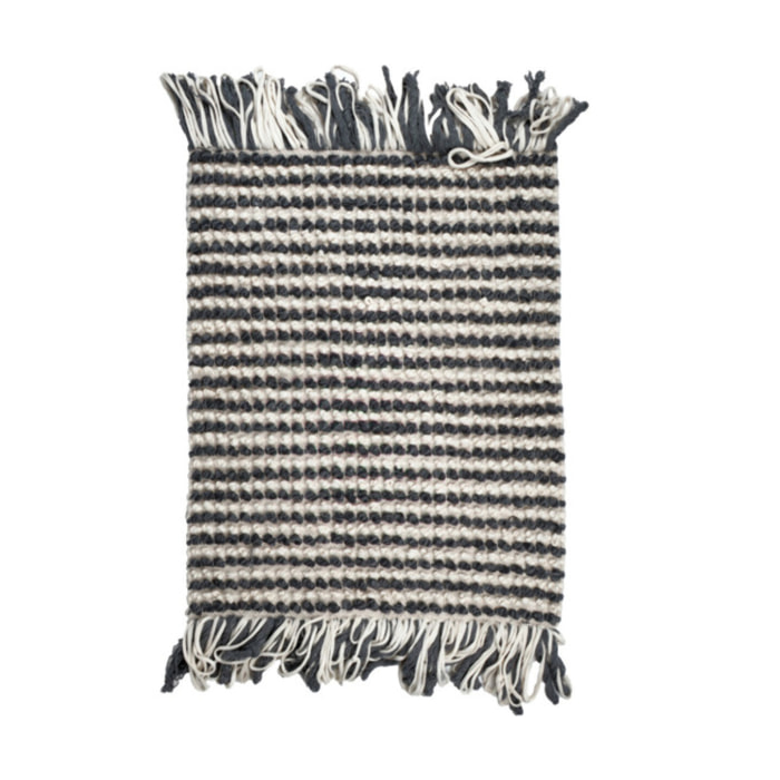 Tapis 60 x 80 cm tissu texturé petits pompons avec franges bicolores - MARINE