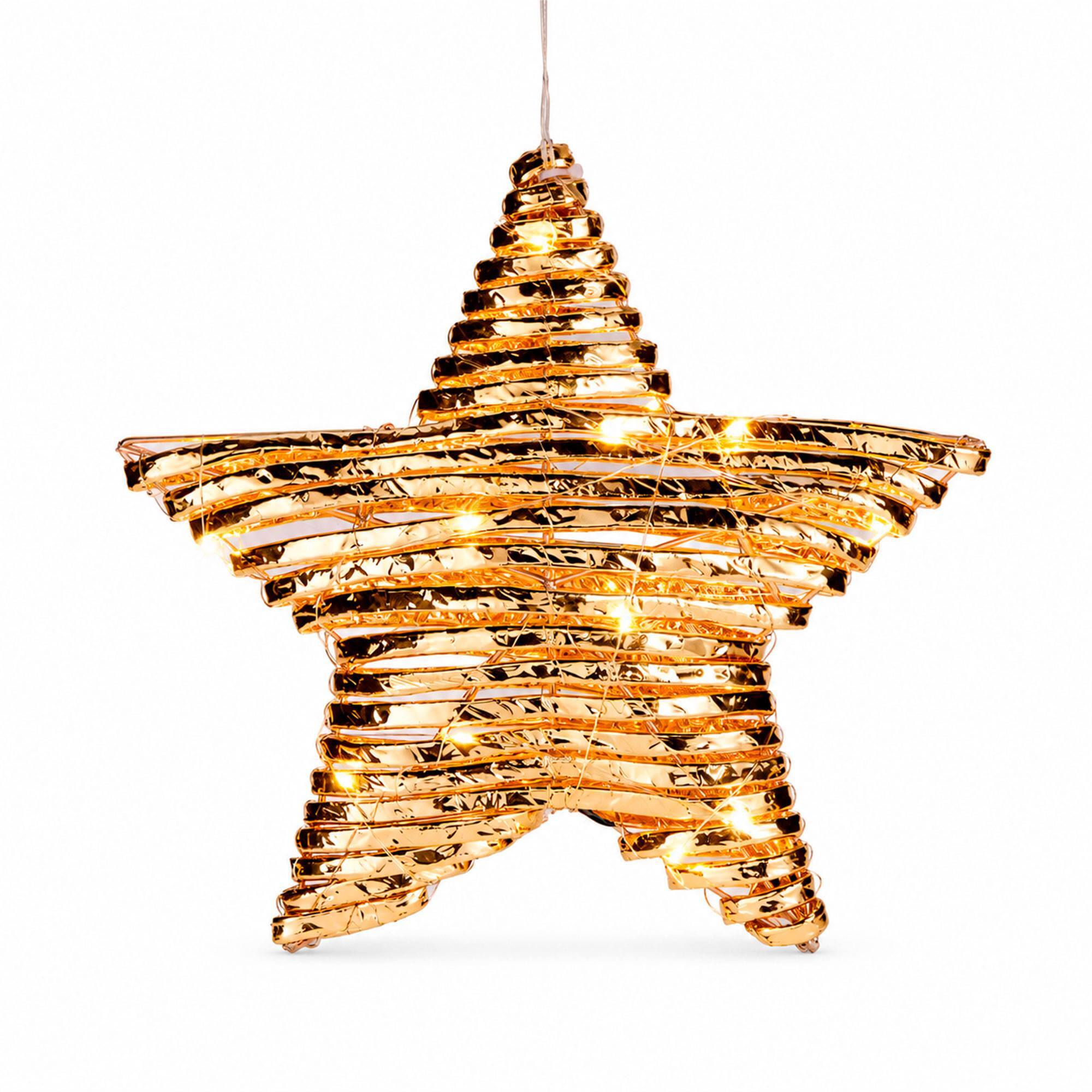 Estrella navideña led dorada para colgar con 20 microled blanco cálido, con temporizador 30x8x30 cm