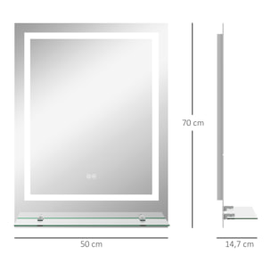 Miroir lumineux LED 29W antibué réglable interrupteur tactile étagère intégrée 50L x 14P x 70H cm