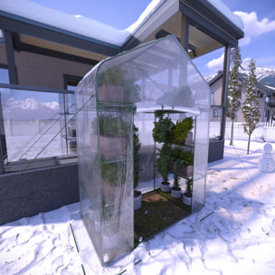 Serra Da Giardino Per Orto Con 8 Ripiani In Metallo Telaio A Casetta Acciaio Telo Trasparente PVC Porta Avvolgibile Apertura Cerniera 143x74x195 Cm