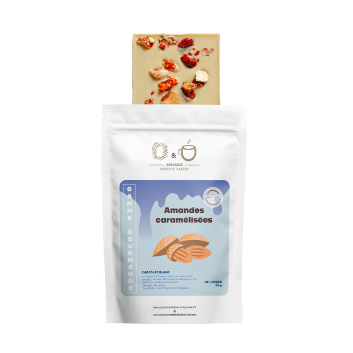 O&O Tablette de Chocolat Blanc 35% BIO - Vanille de Madagascar et Amandes Caramélisées - 75g