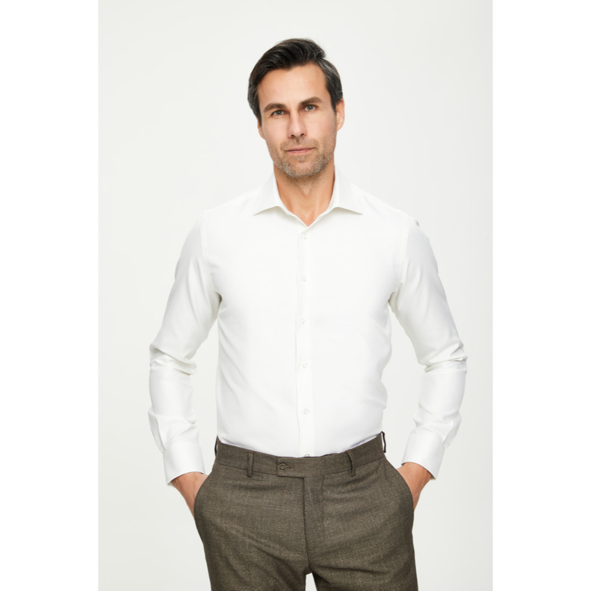 Camicia Uomo 1 Bottone Francese Slim Cotone Unito Bianco