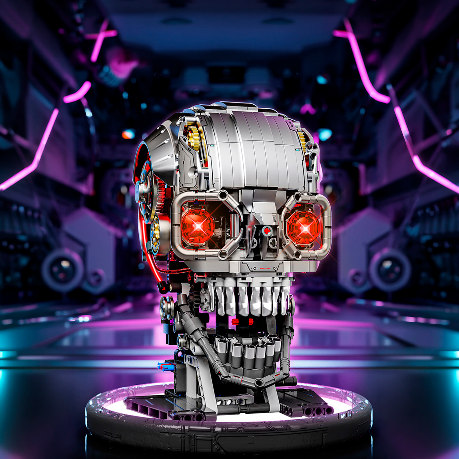 Maqueta 3D mecanizada de calabera con 1099 piezas, equipada con luces y mecanismo de manivela que permite movimiento dinámico.