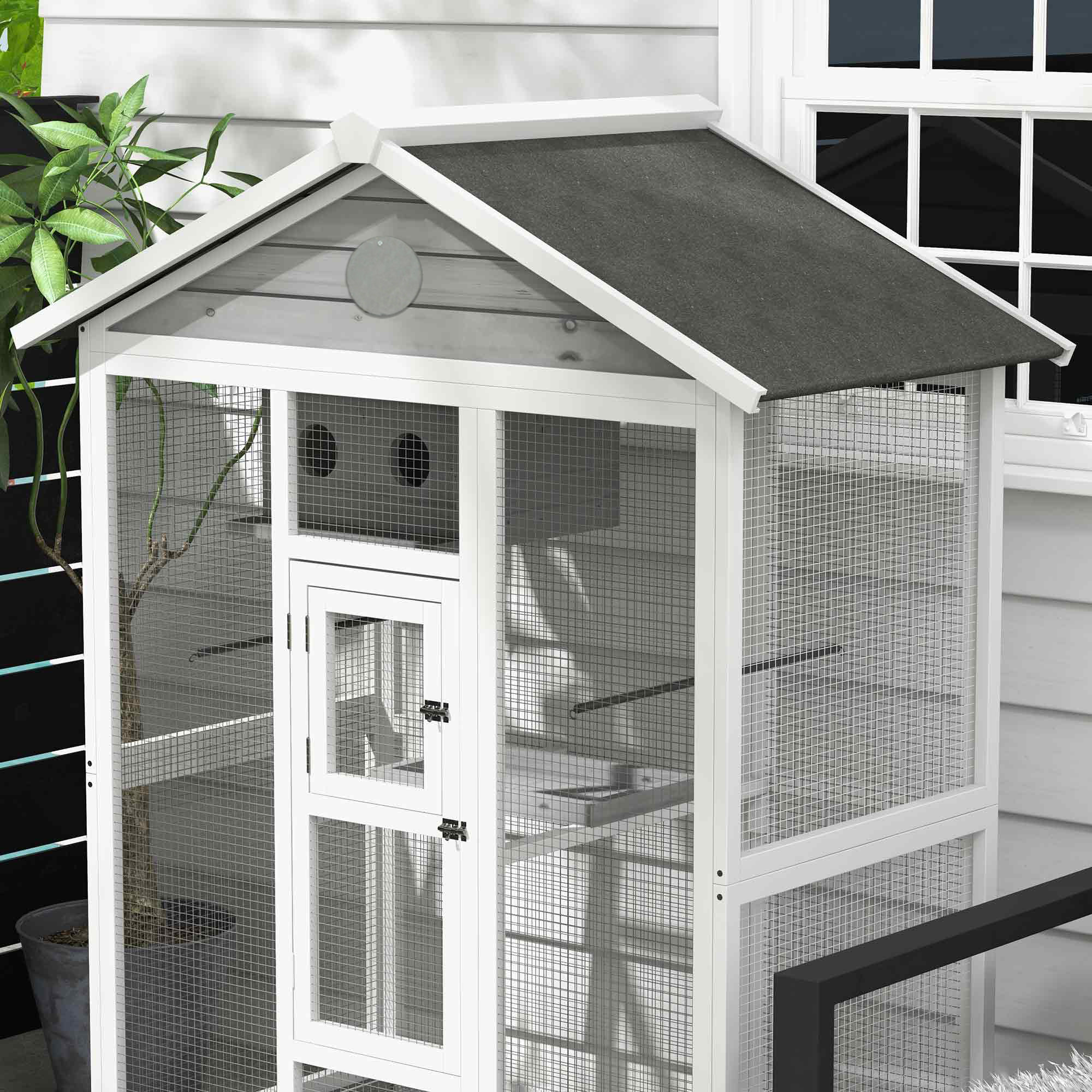 Cage oiseau grande taille - volière à oiseaux dim. 112 x 68 x 154 cm - nombreux accessoires - métal bois blanc gris noir