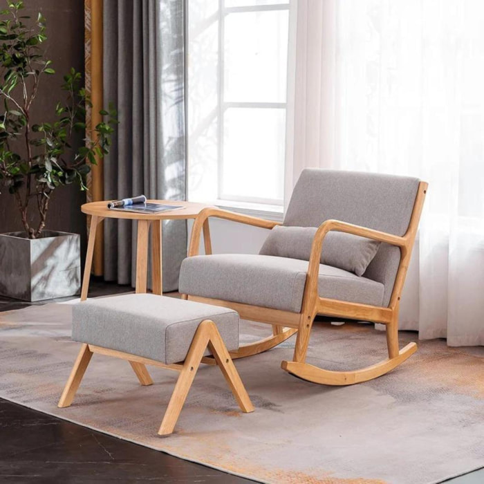 Rocking Chair + pouf scandinave en bois et tissu gris BLOOM