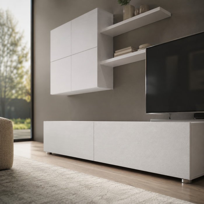 Parete Attrezzata Mobile Soggiorno Moderno Con Base TV 2 Ante Pensile 4 Ante e 2 Mensole Design Contemporaneo in Melaminico 200 x 194 x 40 cm Bianco