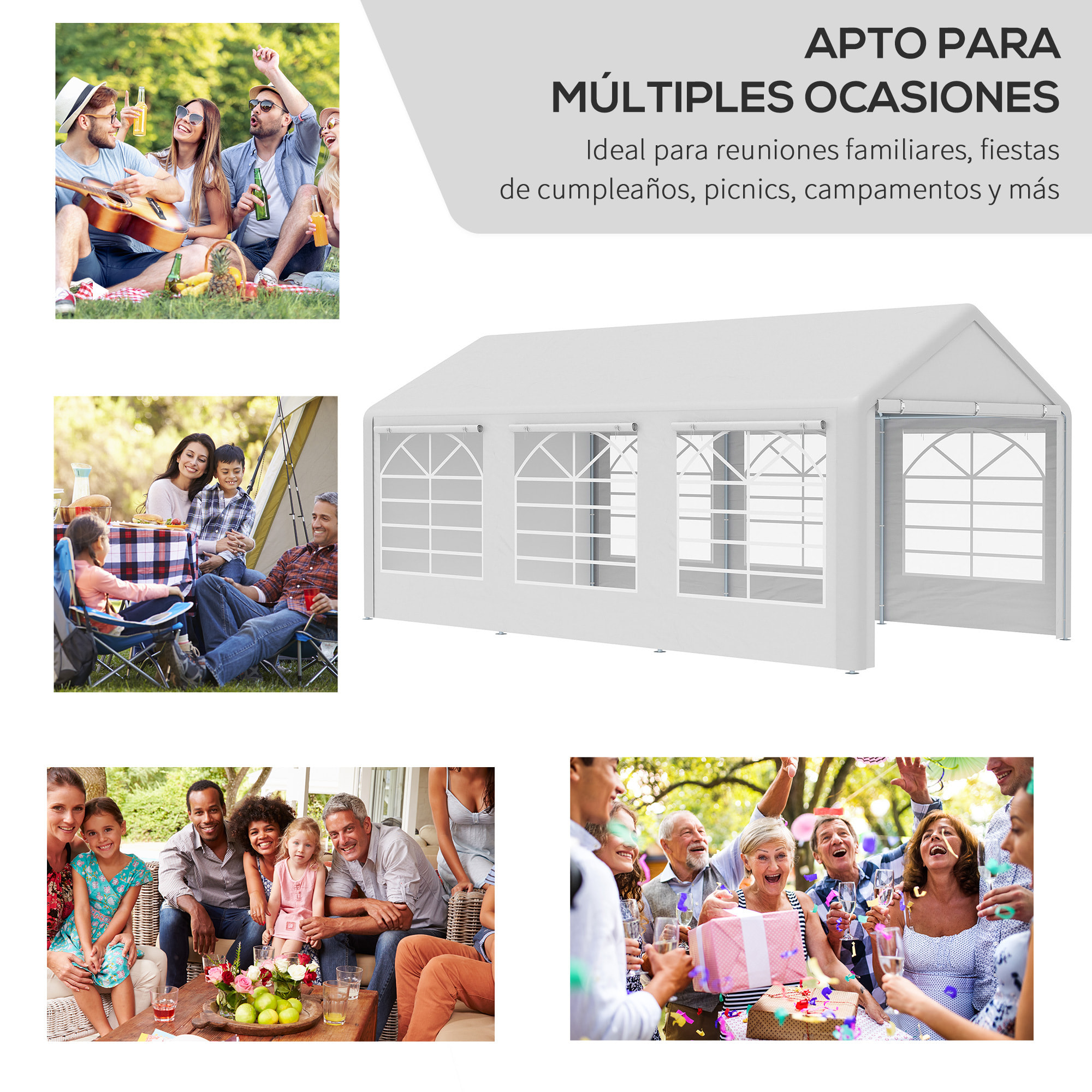 Carpa para Fiestas 6x3 m Cenador Pabellón de Jardín con 4 Paneles Laterales 2 Puertas Enrollables y 6 Ventanas Protección UV para Exterior Eventos Bodas Blanco