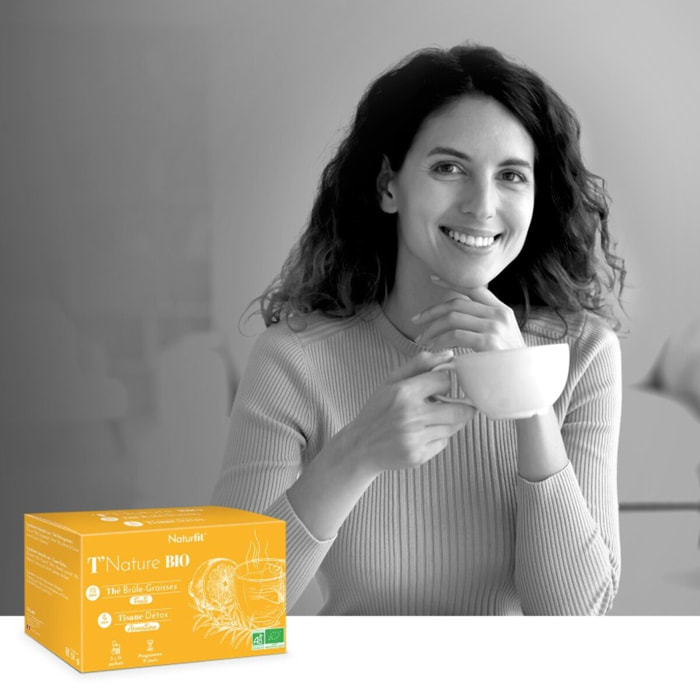 NATURFIT - T'Nature BIO - Thé Brûle-Graisses fruité & Tisane Détox aromatique 100% BIO - Favorise l'élimination des toxines et le déstockage des graisses - 2 x 15 sachets - Cure 15 jours