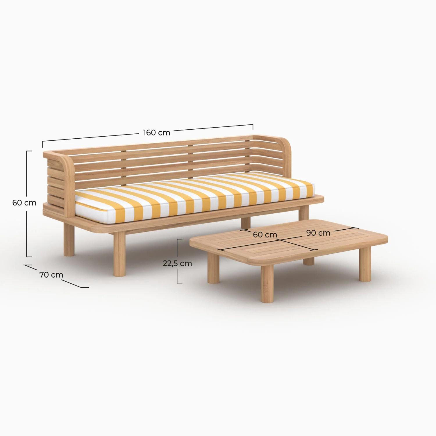 Salon de jardin 2 places en teck et tissu rayé jaune, canapé - Kilda