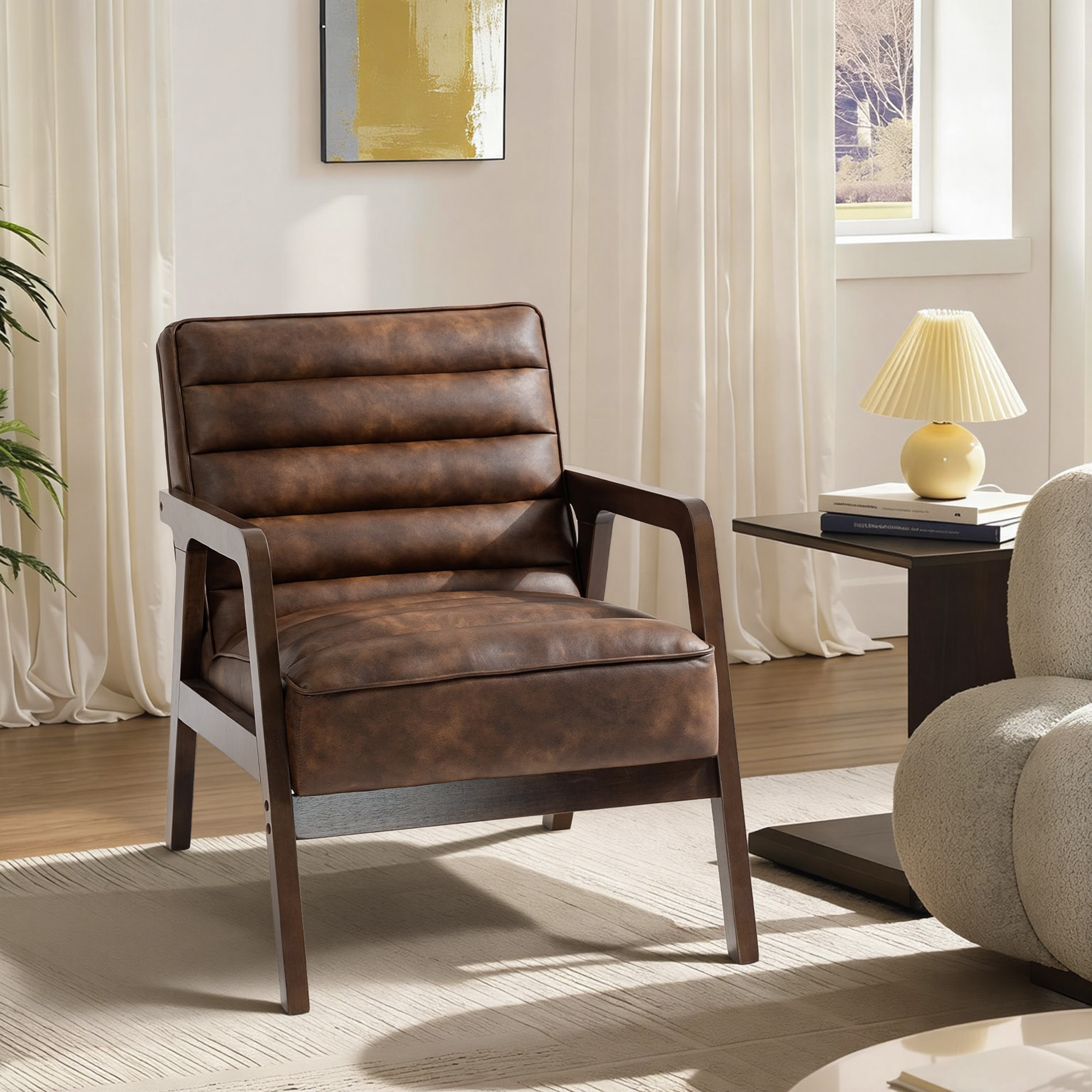 Fauteuil lounge style Chesterfield matelassé bois synthétique effet vieilli marron