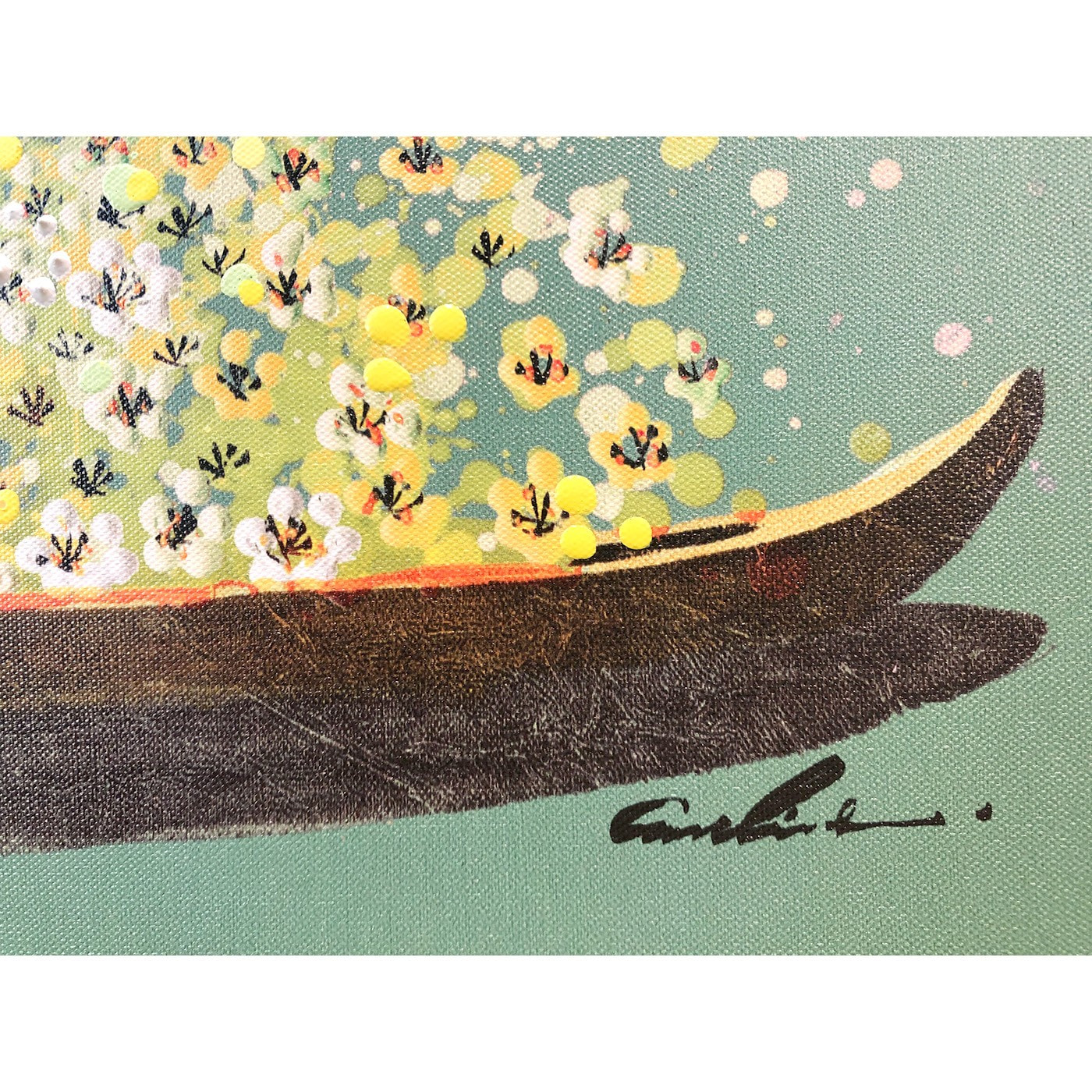 Tableau Touched fleurs pirogue vert et jaune Kare Design