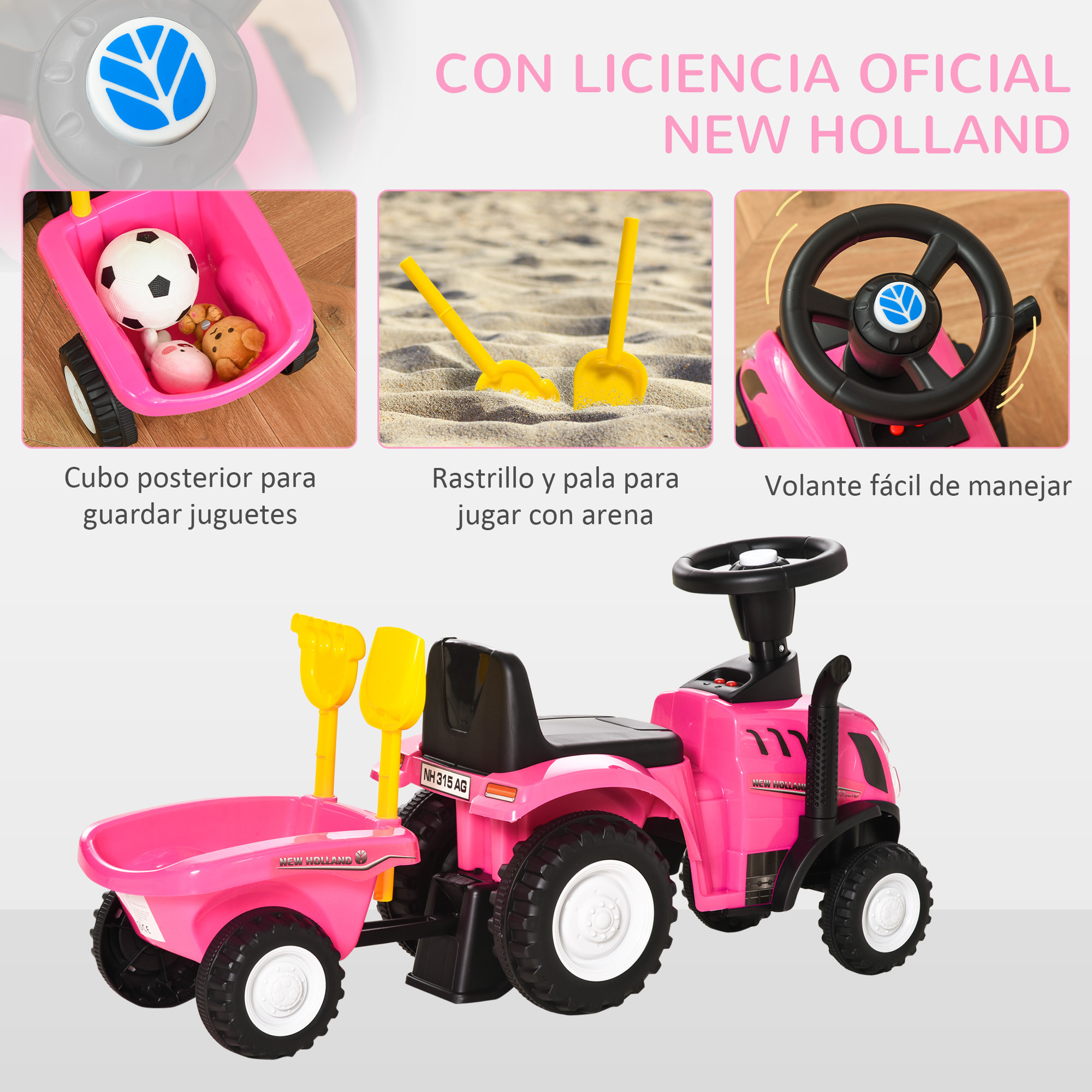 Tractor sin Pedales para Niños de 12-36 Meses con Remolque Extraíble Coche Correpasillos con Bocina Faros Pala Asiento de Suelo 25 cm y Rastrillo Carga 25 kg 91x29x44 cm Rosa