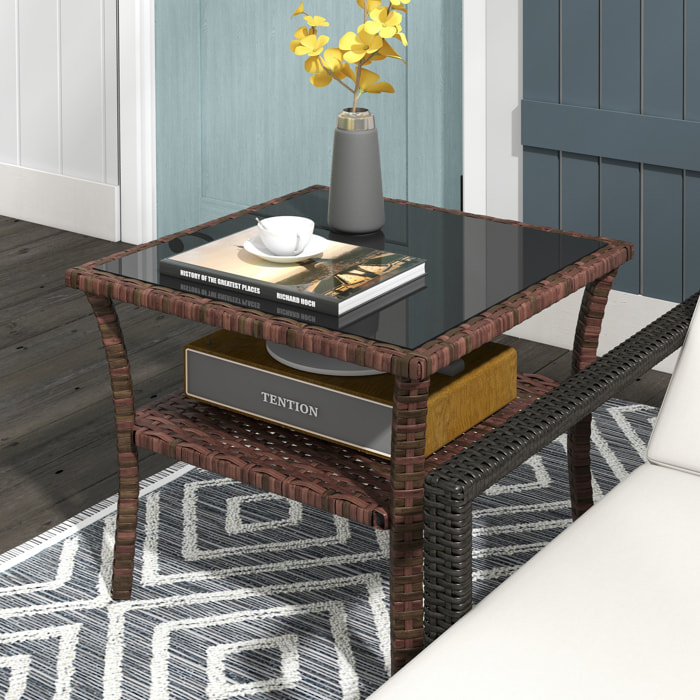 Table basse de jardin avec étagère et plateau verre trempé dim. 50 x 50 x 45 cm résine tressée chocolat