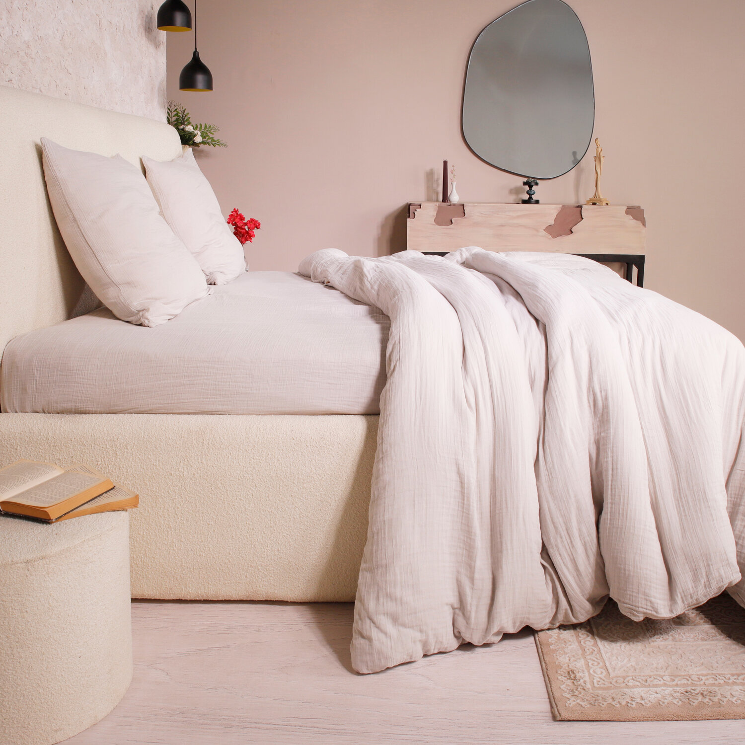 Parure housse de couette unie 100% gaze de coton - ava - ecru